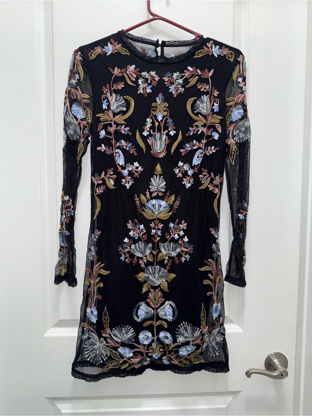 Free People Embroidered Black Mesh Long-Sleeve Dress with Blue Floral Motif